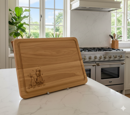 Light brown wooden chopping board featuring an engraved rabbit and bear illustration, set on a white marble worktop in a bright kitchen.