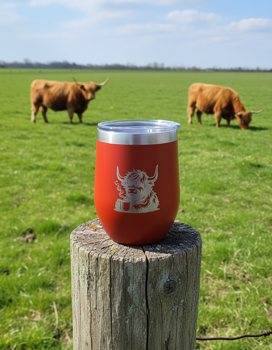 Rustic red tumbler with an etched Highland cow graphic on a wooden post. Two brown cattle stand behind.