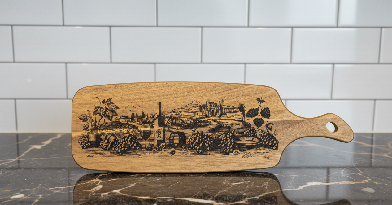Front view of a rectangular wooden charcuterie board with a handle, featuring a detailed black ink-style engraving of a vineyard landscape, grapes, and wine bottles, resting on a dark marble countertop with a white subway tile backsplash.