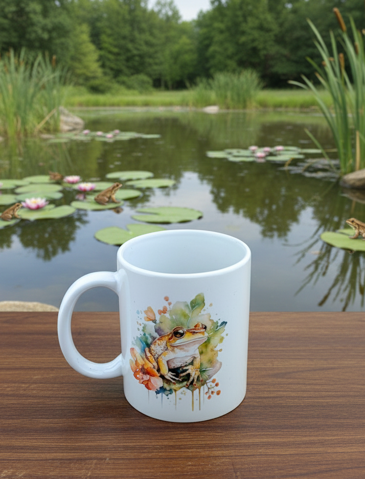 White ceramic mug with watercolour illustration of a frog, placed on dark wood beside a lush green pond setting.