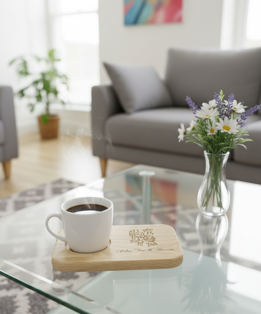 Steaming black coffee in a white mug sits on a light oak coaster/board on a clear glass table in a living room setting.