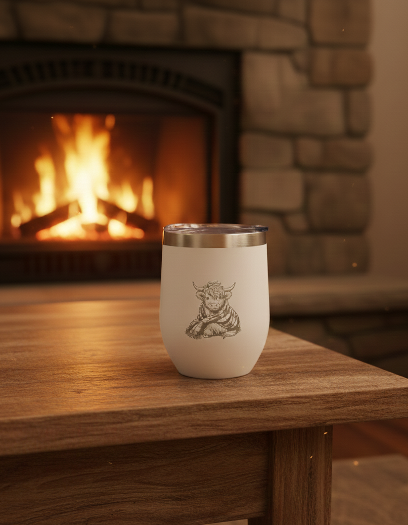 Cream stemless tumbler with etched Highland cow graphic and silver rim, resting on a dark wood table.