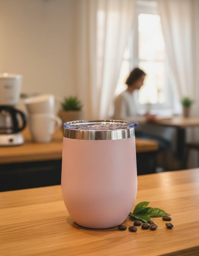 Soft blush pink matte tumbler on a smooth light wooden counter. Dark coffee beans and small green leaves below.