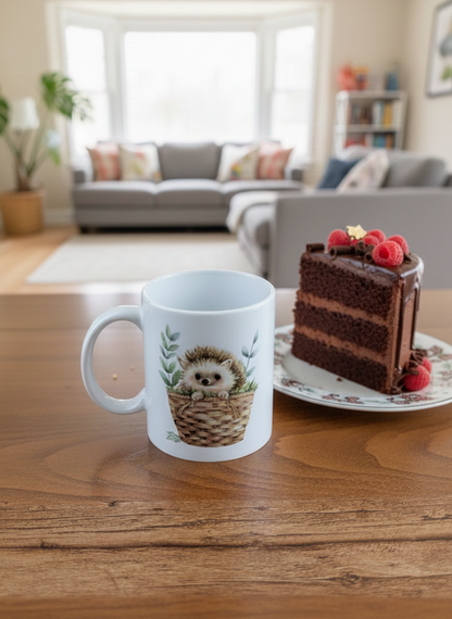 White mug with hedgehog design beside layered dark chocolate cake, topped with raspberries and gold leaf, on textured wood.
