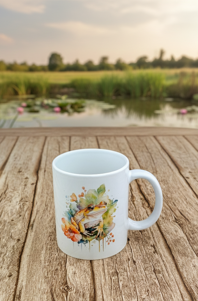 White ceramic mug with watercolour frog design resting on pale, weathered vertical wood planks near a pond.
