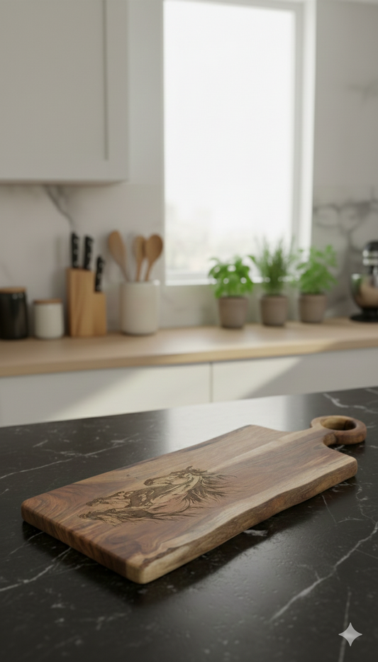Long dark wooden serving board, featuring a live edge and horse engraving, rests on a black marble-effect countertop.