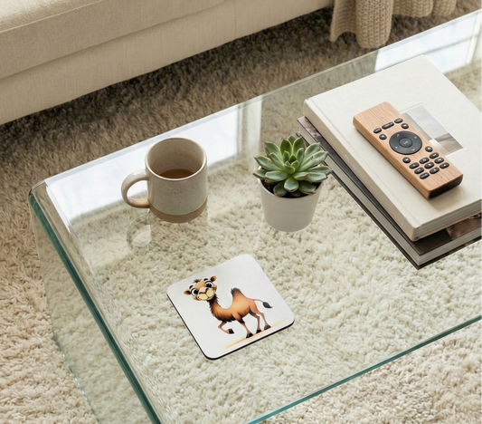 Square white coaster with a brown cartoon camel on a glass table beside a speckled cream mug and green succulent.