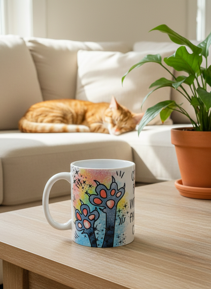 White mug with vibrant blue and Grey paw-print artwork, sitting on a light wooden table. Ginger cat sleeps on a cream sofa.