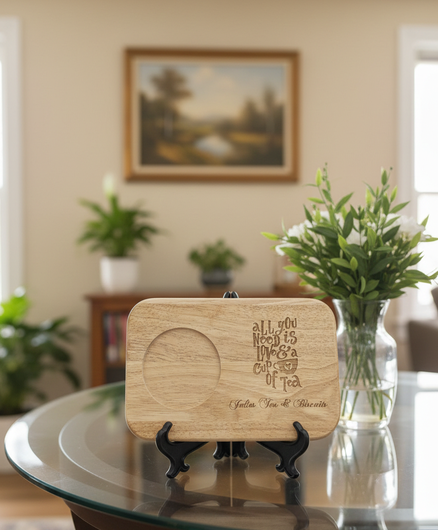 Light oak tea board with rounded corners and a cup indent, displayed on a black stand. Etched with script.