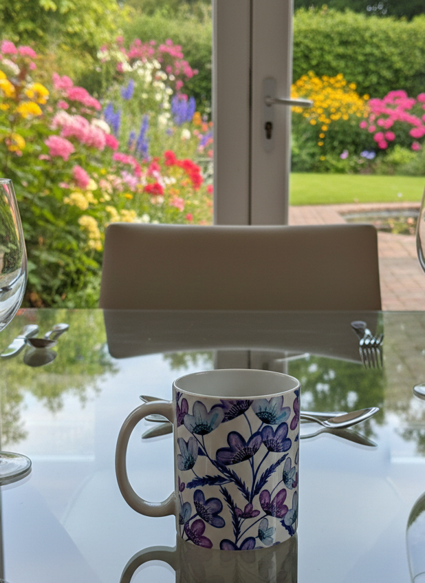 A white ceramic coffee mug featuring a purple and blue floral pattern, sitting on a glass dining table with a reflection. The background shows a bright, sunlit garden with colourful flowers through a glass door.