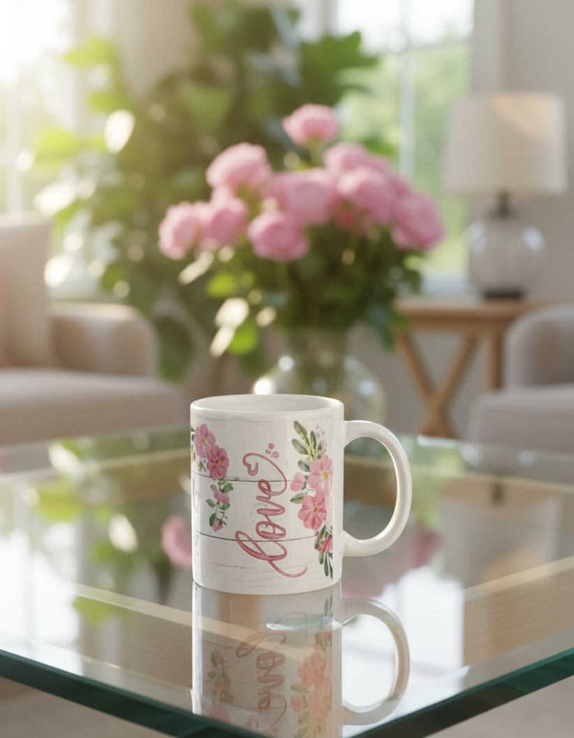 A white ceramic mug with the word "Love" and pink floral designs is centred on a sleek glass coffee table in a bright, sun-drenched living room. The mug’s reflection is visible on the glass surface. In the soft-focus background, a vase of pink flowers and lush green plants sit near a window, with warm sunlight streaming in to create a cosy, serene atmosphere.