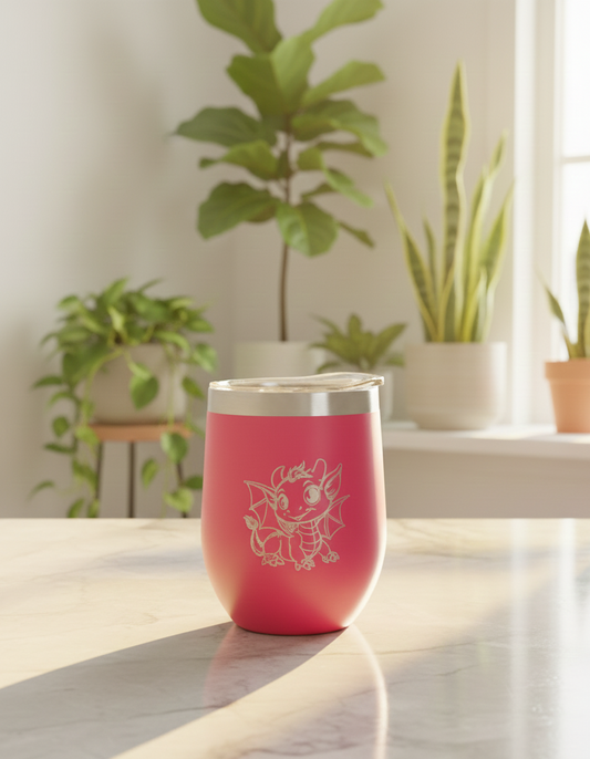 Bright pink curvy metal tumbler with a silver rim and an etched baby dragon design sits on a reflective marble surface.