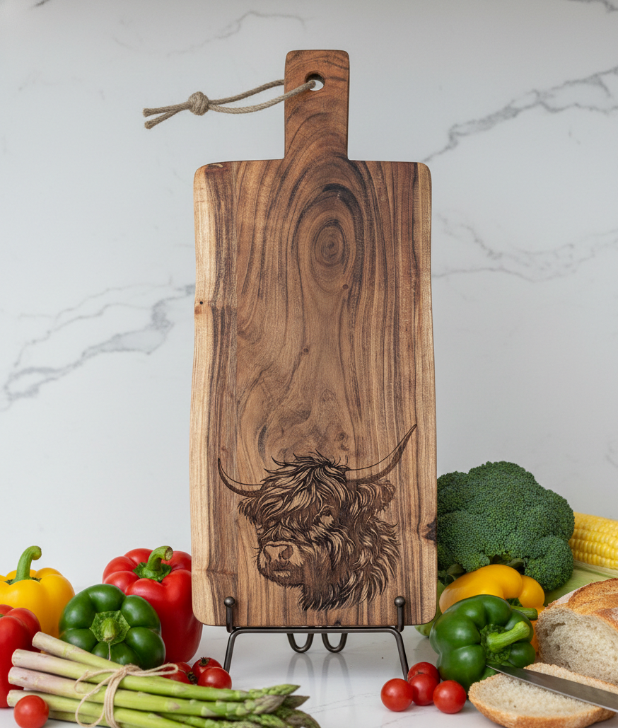 Long, natural brown wooden serving board with a handle and live edge. Engraved with a detailed Highland Cow head design.