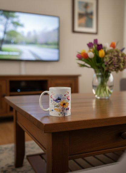 White ceramic mug with vibrant floral watercolour art sits on a polished brown wooden table.