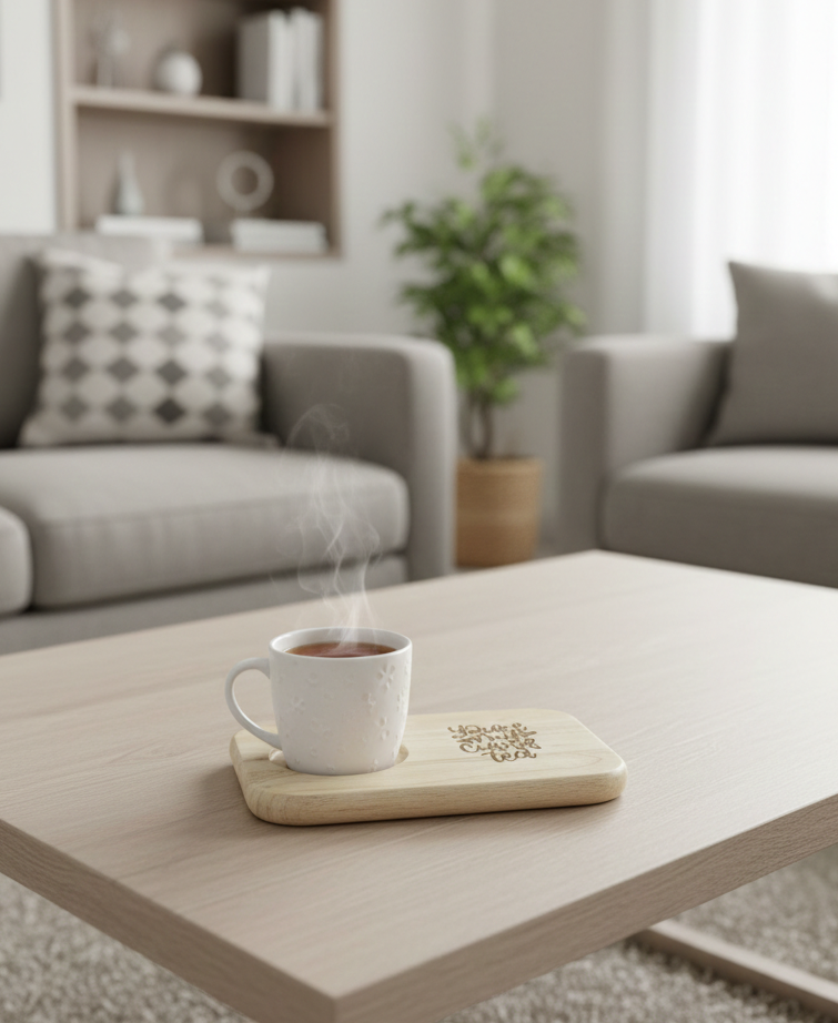 Steaming white mug on a light blonde wooden coaster on a smooth wooden coffee table in a modern, neutral living room.