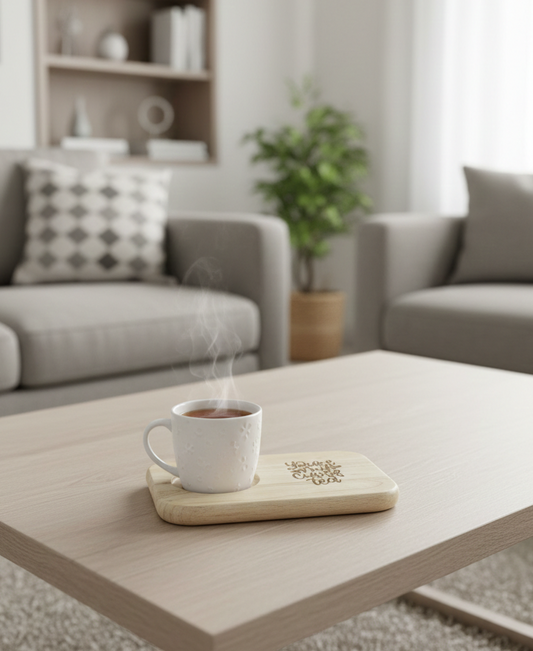 Steaming white mug on a light blonde wooden coaster on a smooth wooden coffee table in a modern, neutral living room.
