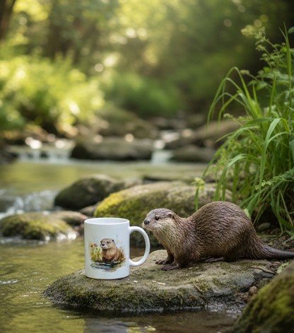 A brown otter stares at a white mug with an otter design, both resting on a mossy rock in a bright stream surrounded by lush foliage.