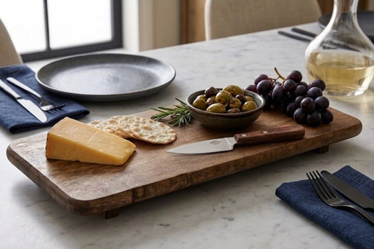 close-up photograph of an elevated rectangular acacia wood serving platter on a grey marble dining table. The platter holds a curated charcuterie assortment, including a wedge of aged cheddar cheese, several water crackers, a small dark bowl of green and black olives, a bunch of red grapes, a small wood-handled cheese knife, and a sprig of rosemary. In the background, dark grey plates are set on navy blue cloth napkins, accompanied by a glass wine decanter and a chair. The scene is lit by natural light from