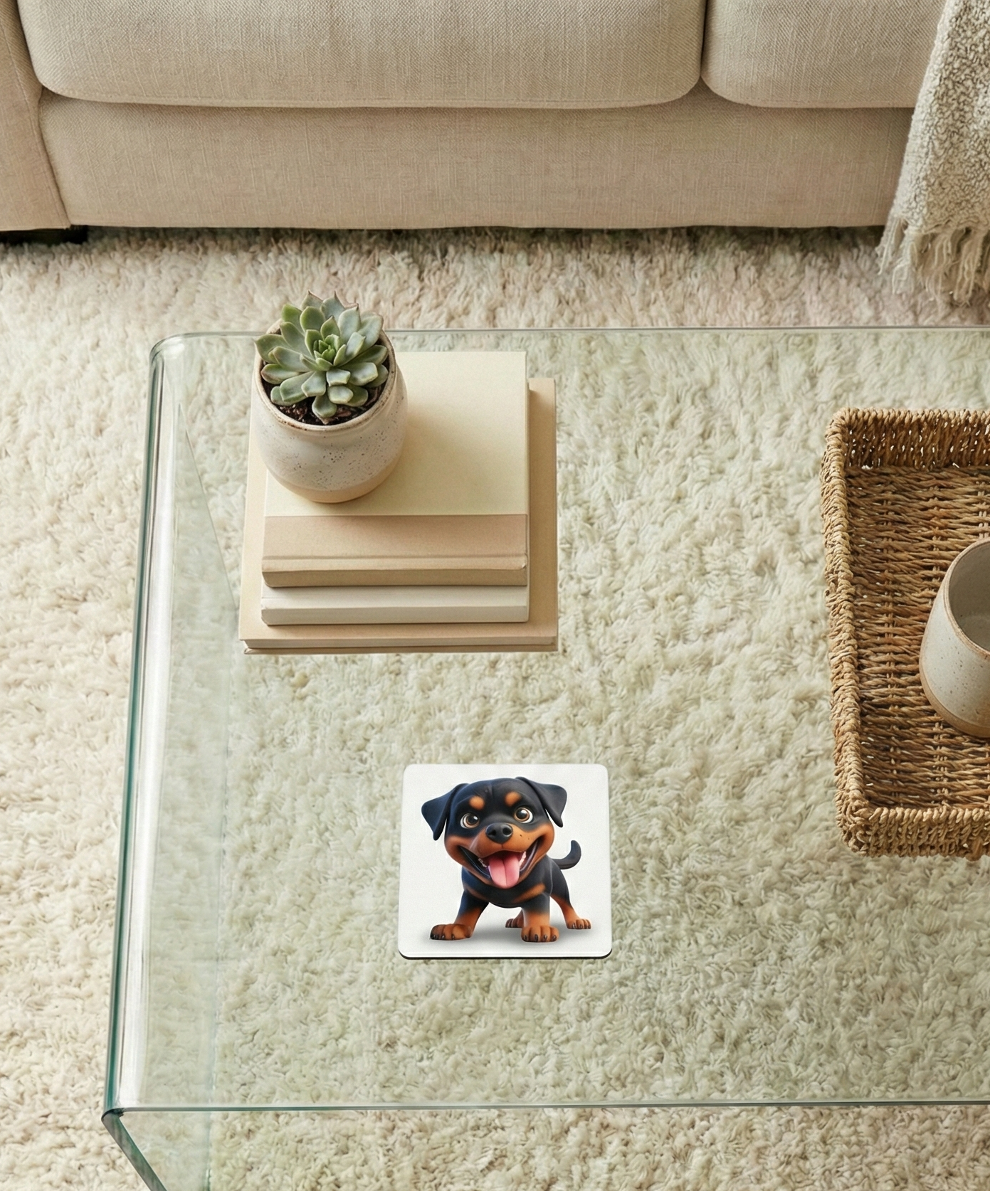 Happy Rottweiler puppy dog coaster on a glass coffee table with a succulent pot and a stack of books.