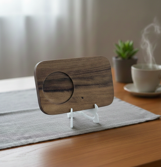 A dark, rectangular wooden coaster with a circular well, displaying rich grain texture, propped up on a small white stand.