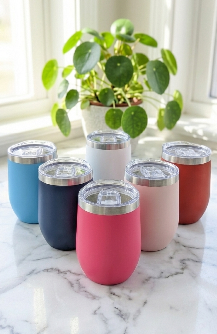 Six colourful tumblers (Navy, White, Red, Pinks, Blue) arranged on a polished white marble countertop.