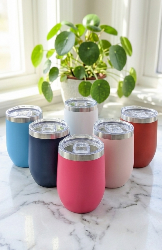 Six colourful tumblers (Navy, White, Red, Pinks, Blue) arranged on a polished white marble countertop.