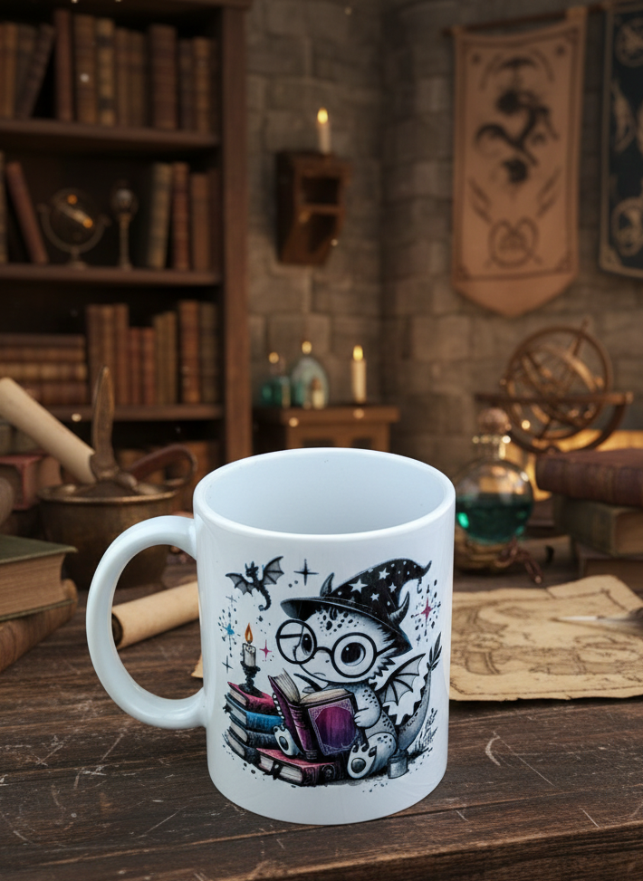 Close-up of white ceramic mug depicting a spotted dragon wizard on a pile of coloured books in a dimly lit library.
