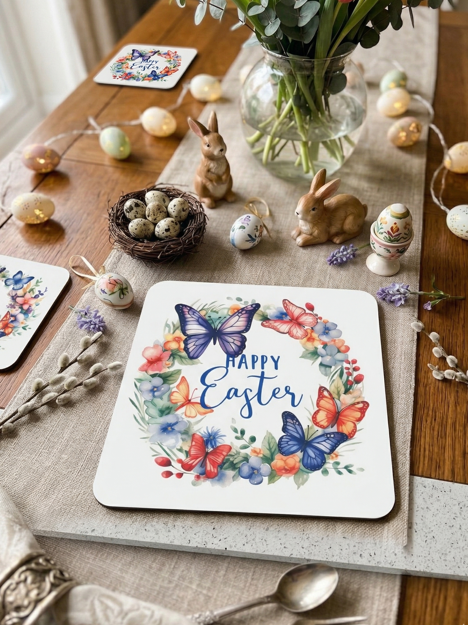 A square mat with a wreath of purple and blue butterflies on a linen runner, surrounded by spring decorations.