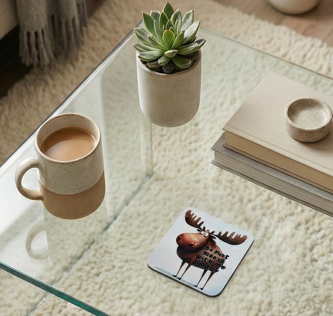 A brown moose coaster on a glass coffee table next to a cream mug and stacked books in neutral tones.