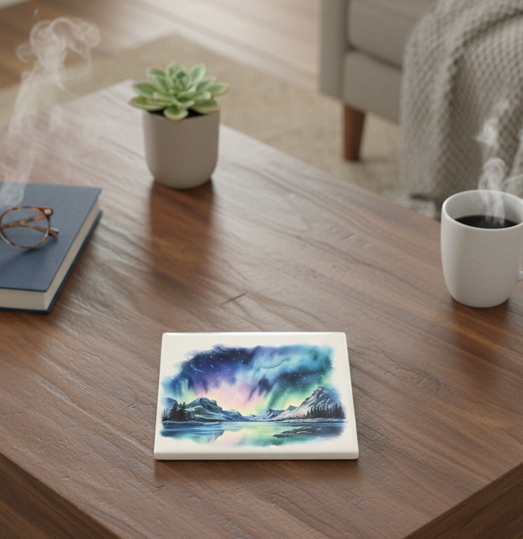 A square ceramic coaster with a bright teal and purple aurora borealis over a mountain lake on a grainy wooden surface.