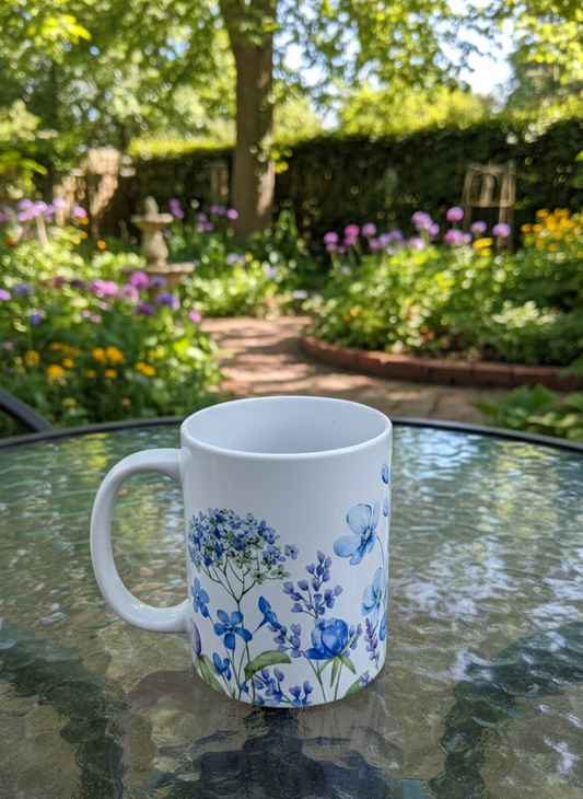 White ceramic mug with blue watercolour flower pattern sits on a reflective glass table in a sunny garden.