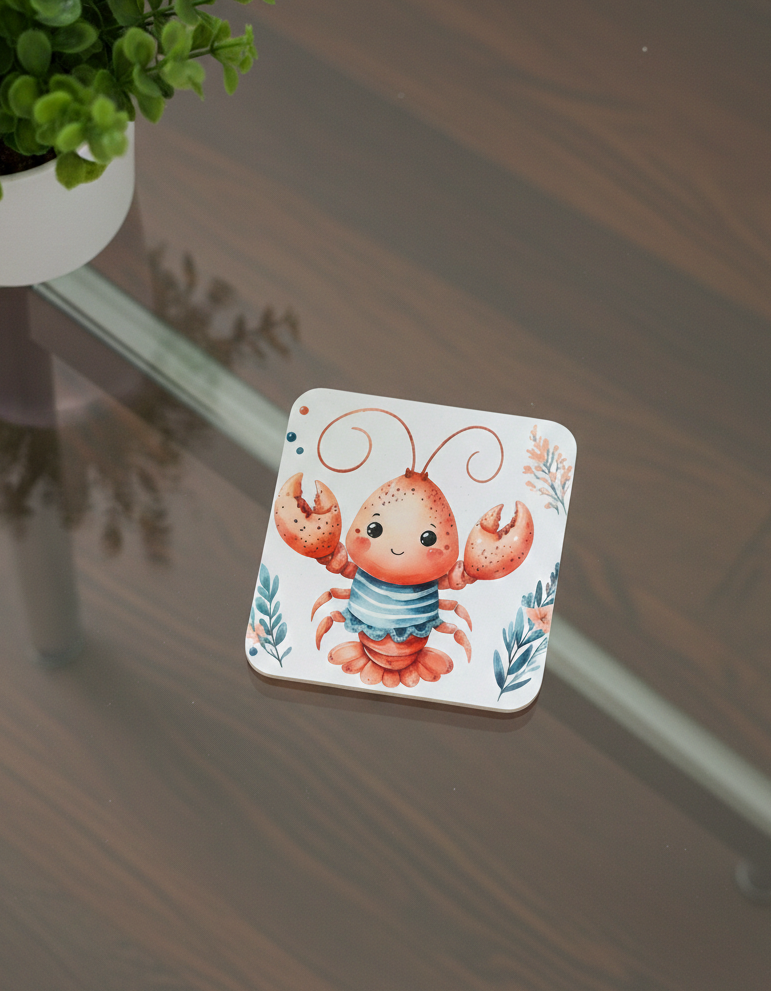 Square coaster featuring a cute orange lobster wearing a striped shirt, with delicate floral details on a white base.