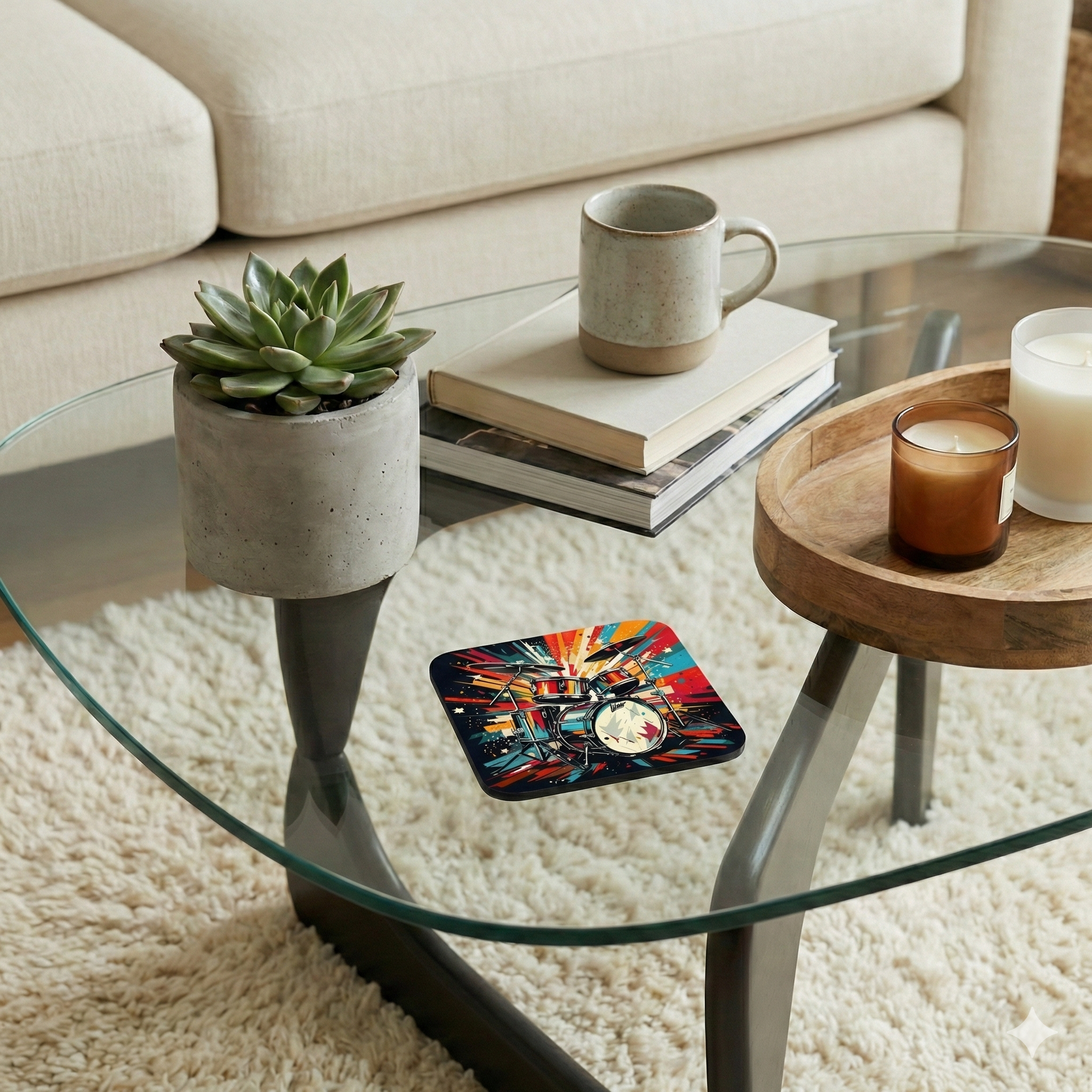 Round glass table supported by a dark, sculpted base on a cream rug. Grey pot, mug, books, and a rectangular abstract drum coaster.
