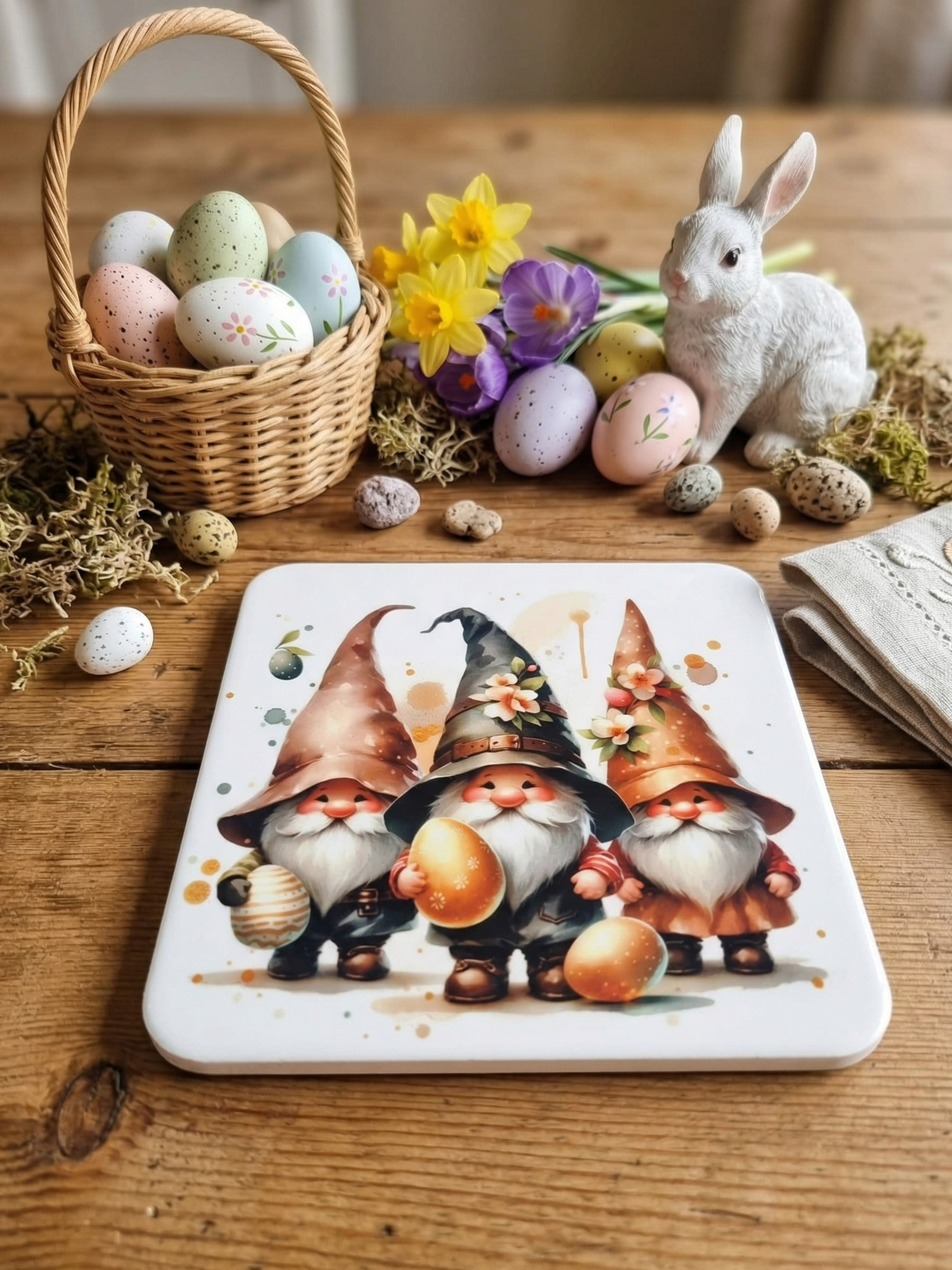 A coaster featuring three gnomes in tall grey and brown hats, with an Easter bunny and basket on a wooden table.