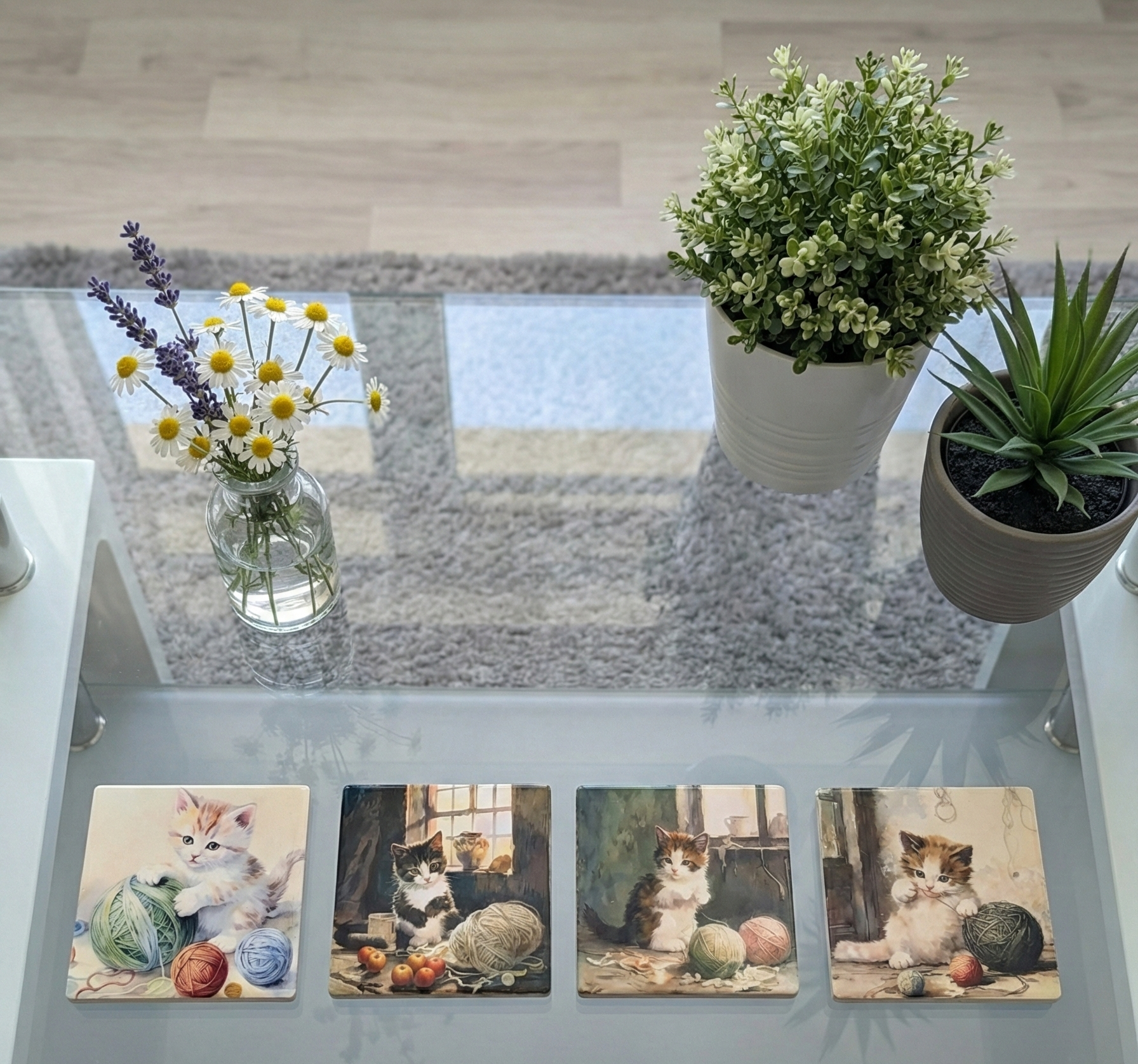 Four kitten coasters on a glass table with white daisies, lavender, and green plants in white and grey pots.