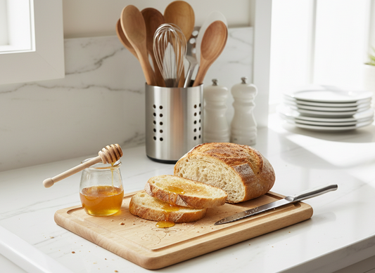 Golden honey drips onto crusty white bread on a wooden board, set against a bright Grey marble kitchen.