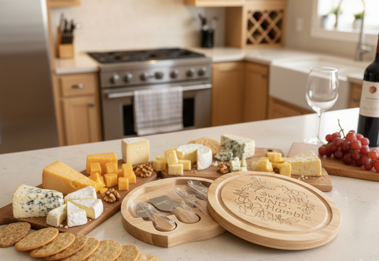 Assortment of various cheeses, grapes, and crackers arranged on rustic wooden boards. Wooden cheese kit with engraved floral pattern.