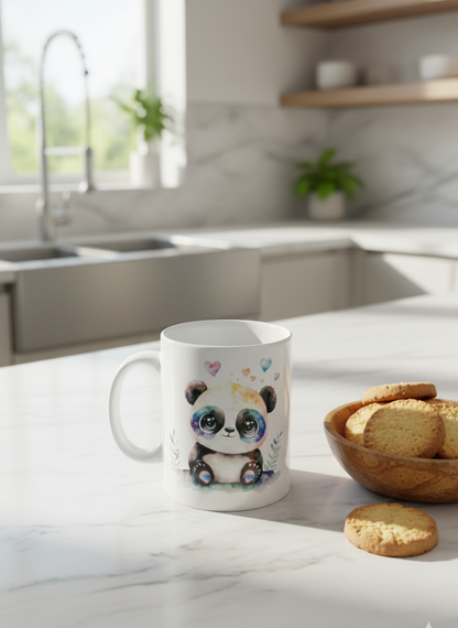 White ceramic mug featuring a watercolour panda graphic, sat on a white marble countertop beside a wooden bowl of biscuits.
