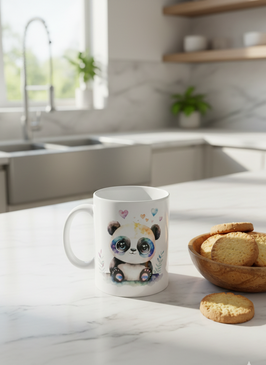 White ceramic mug featuring a watercolour panda graphic, sat on a white marble countertop beside a wooden bowl of biscuits.