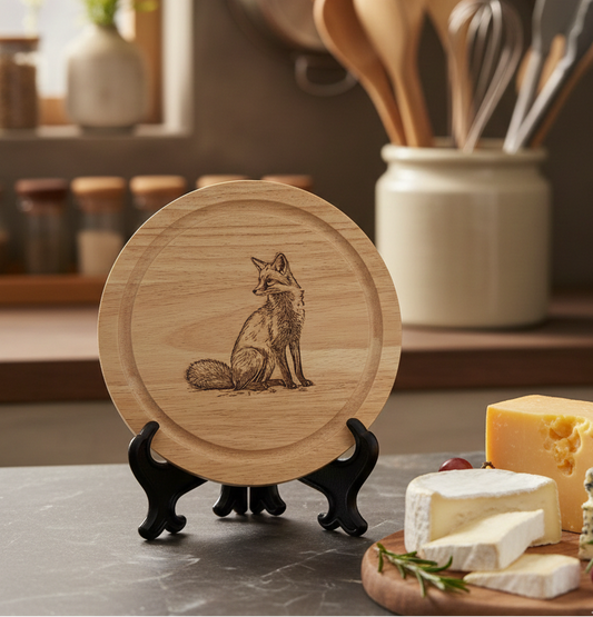 Round light brown wooden board featuring an engraved sitting fox illustration displayed on a black easel in a kitchen.