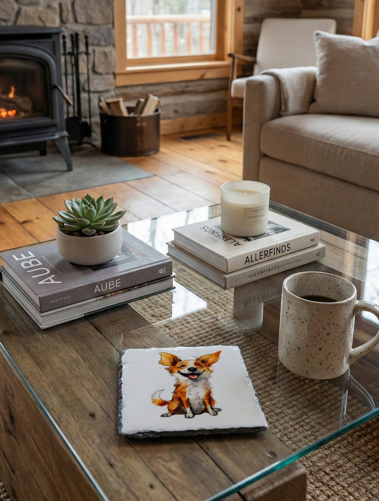 Slate coaster with a small ginger and white dog, on a glass table in a rustic log cabin with a fireplace.