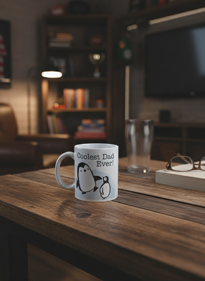 White ceramic mug featuring two black and white cartoon penguins on a rich brown wooden coffee table.