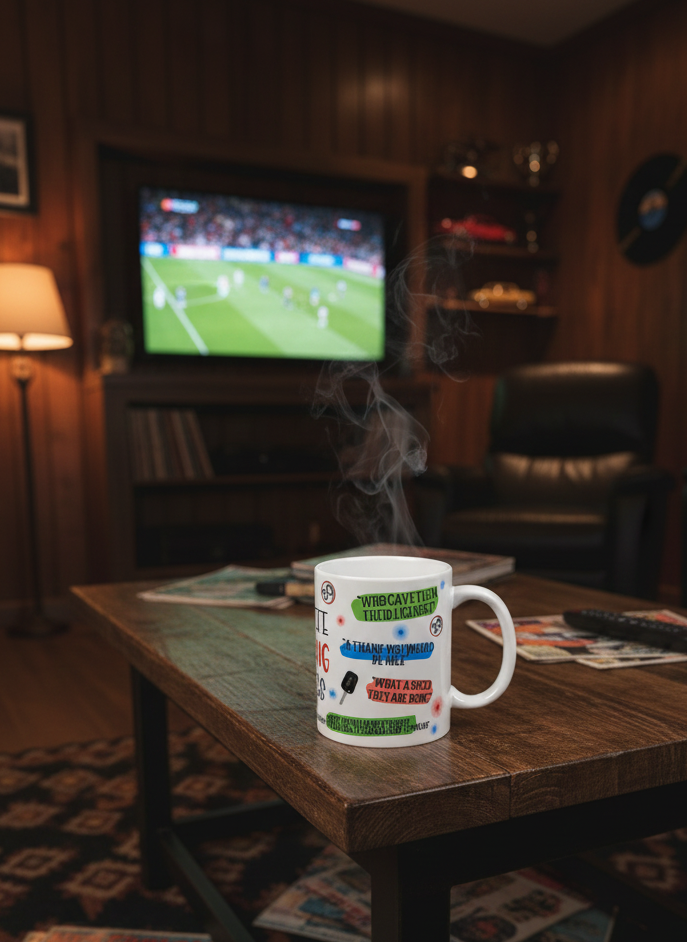 Steaming white mug with colourful text on a dark, rustic wooden table. Warm lighting illuminates the football match on the TV.