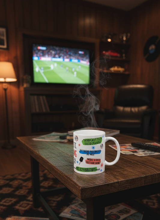 Steaming white mug with colourful text on a dark, rustic wooden table. Warm lighting illuminates the football match on the TV.