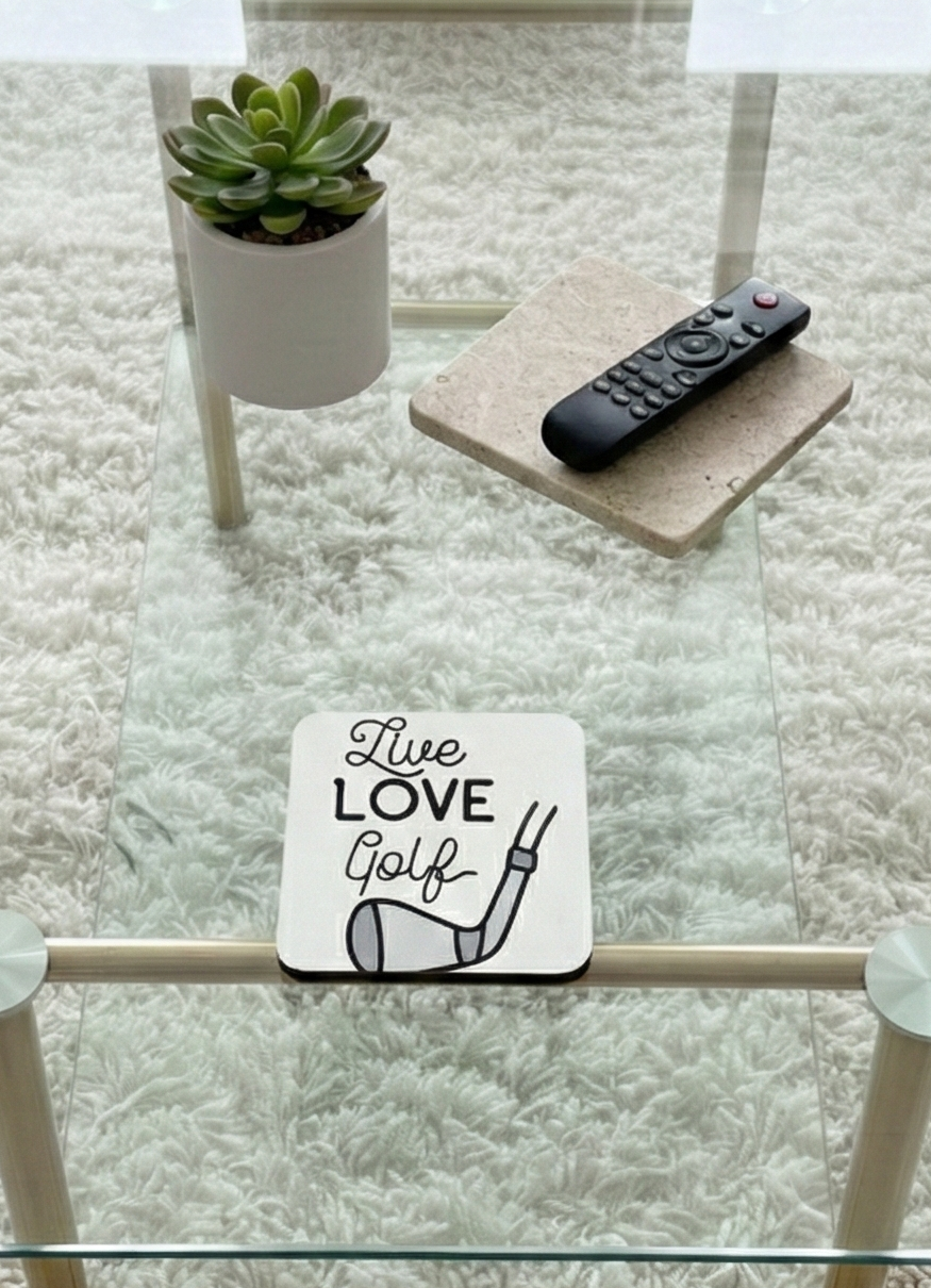 Square white coaster with "Live LOVE Golf" text and a grey club, on a glass table over a soft shaggy rug.