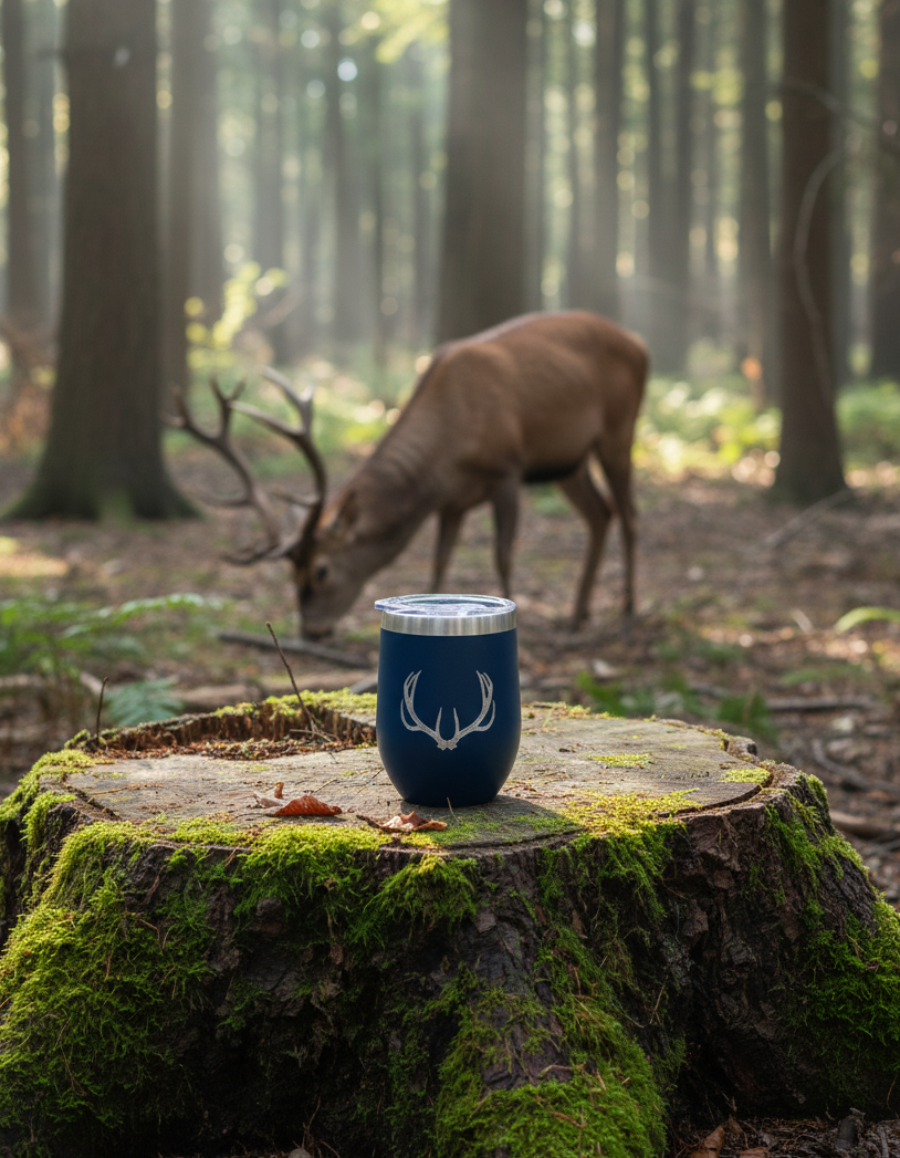 Matte deep blue tumbler with white antler graphic, resting on a bright green moss-covered stump. Stag in misty forest background.