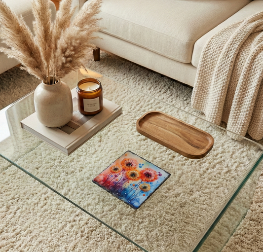 Square coaster on a glass table features vibrant orange and blue watercolour flowers in a neutral, textured lounge.