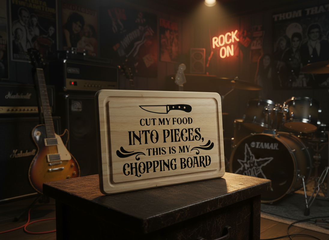 Light brown chopping board with bold black printed text resting on a dark table in a dramatic, dimly lit music venue.