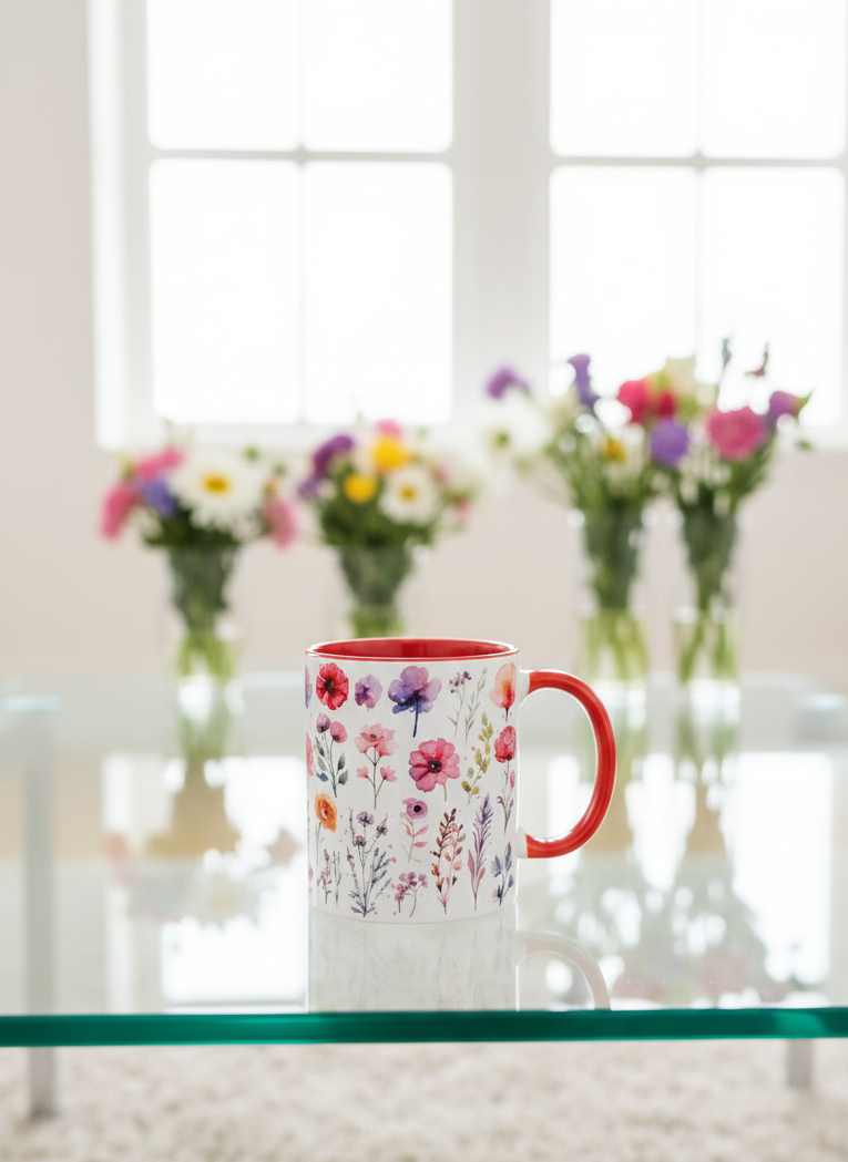 A white floral pattern mug with a contrasting bright red handle and interior rim rests on a reflective glass table. Four blurred bouquets.