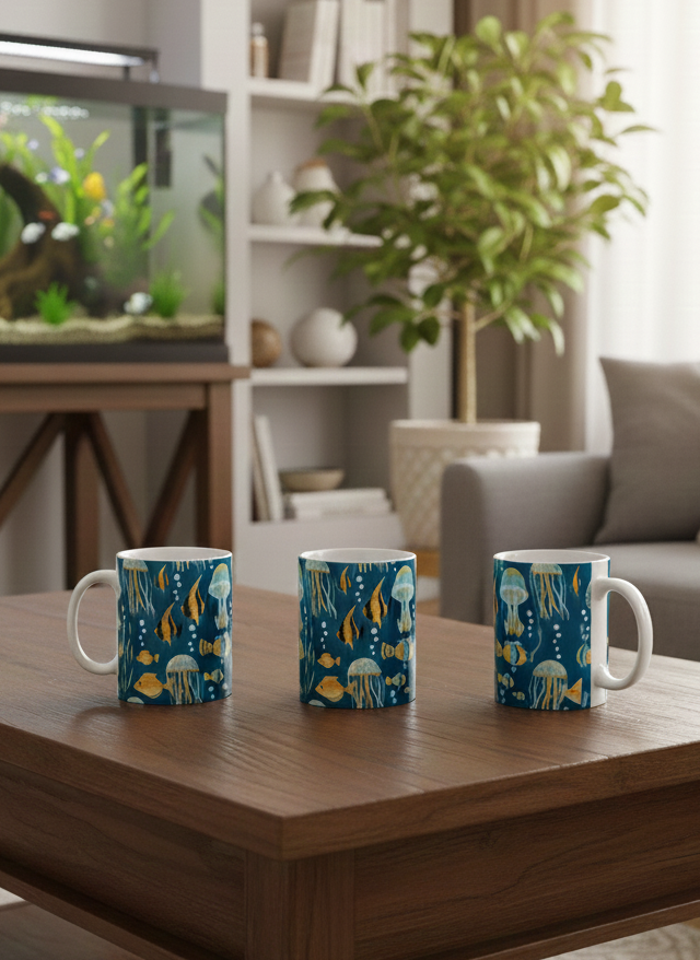 Three white ceramic mugs patterned with yellow/orange fish and blue/white jellyfish illustrations on a dark blue ground.